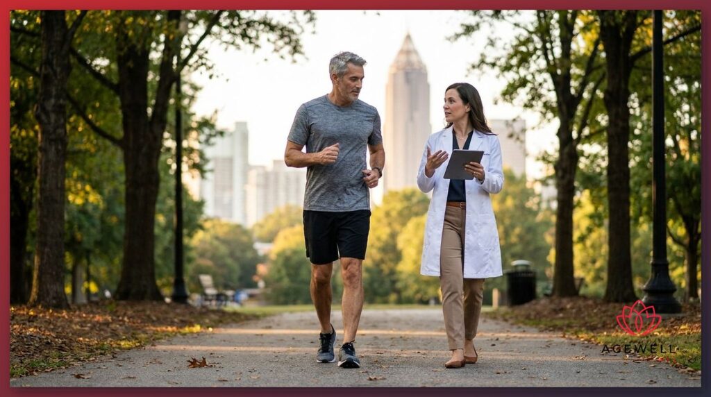 A physician and a middle-aged adult walking together in an Atlanta park as part of a longevity wellness consultation.