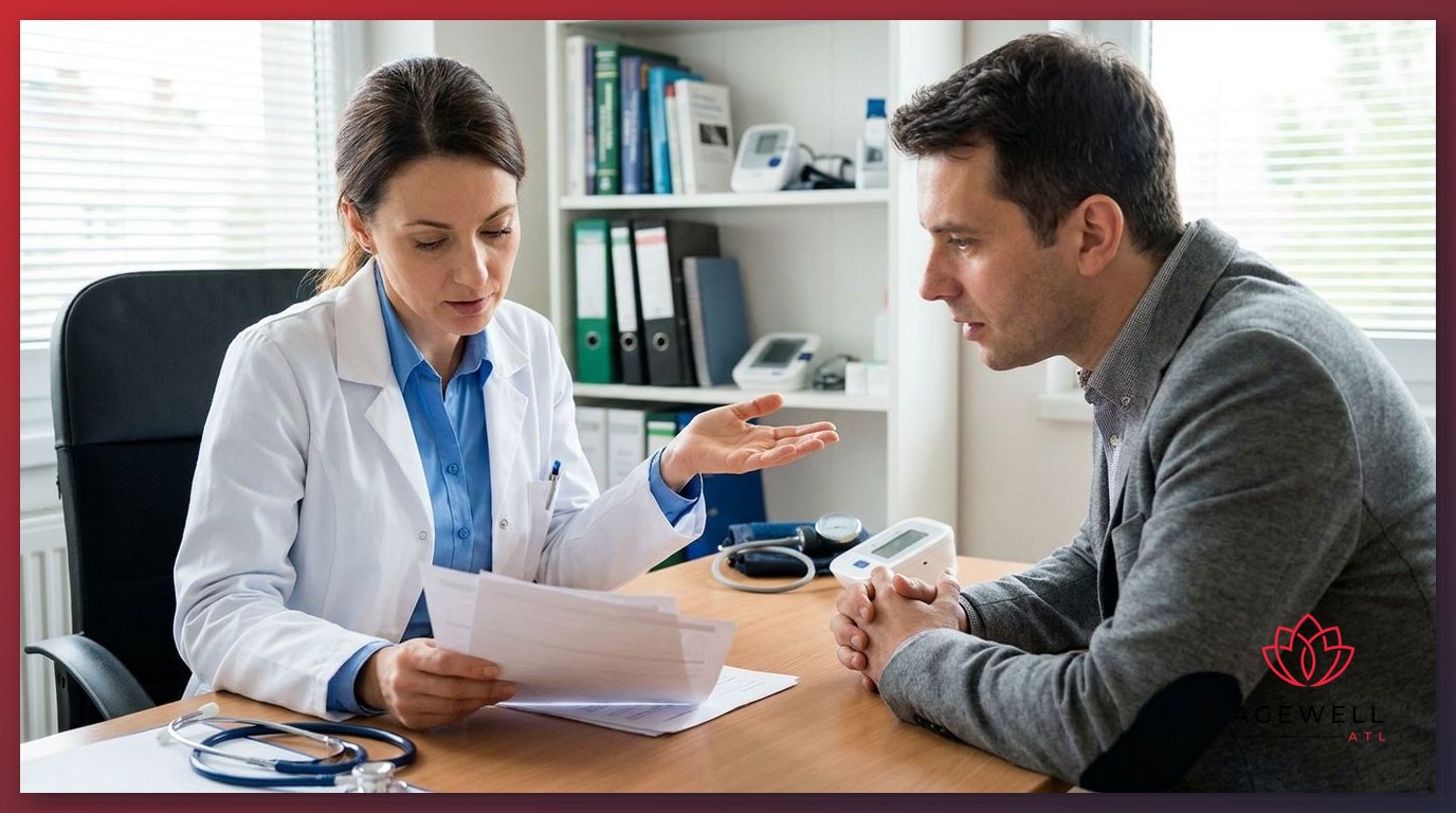 A physician conducting a clinical longevity medicine consultation with a middle-aged patient in a medical office.