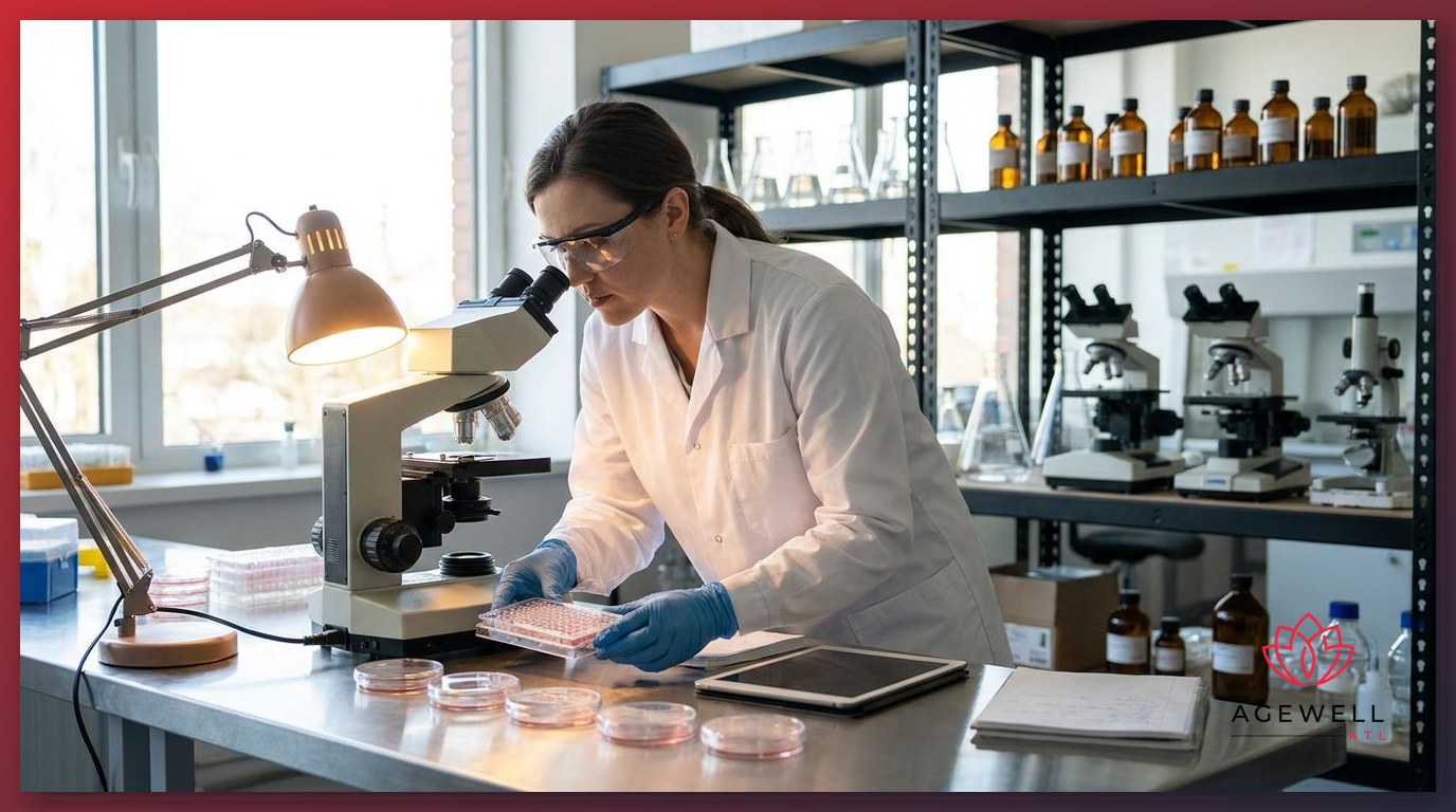 A laboratory researcher examining biological cell samples under a workbench lamp as part of aging science research.