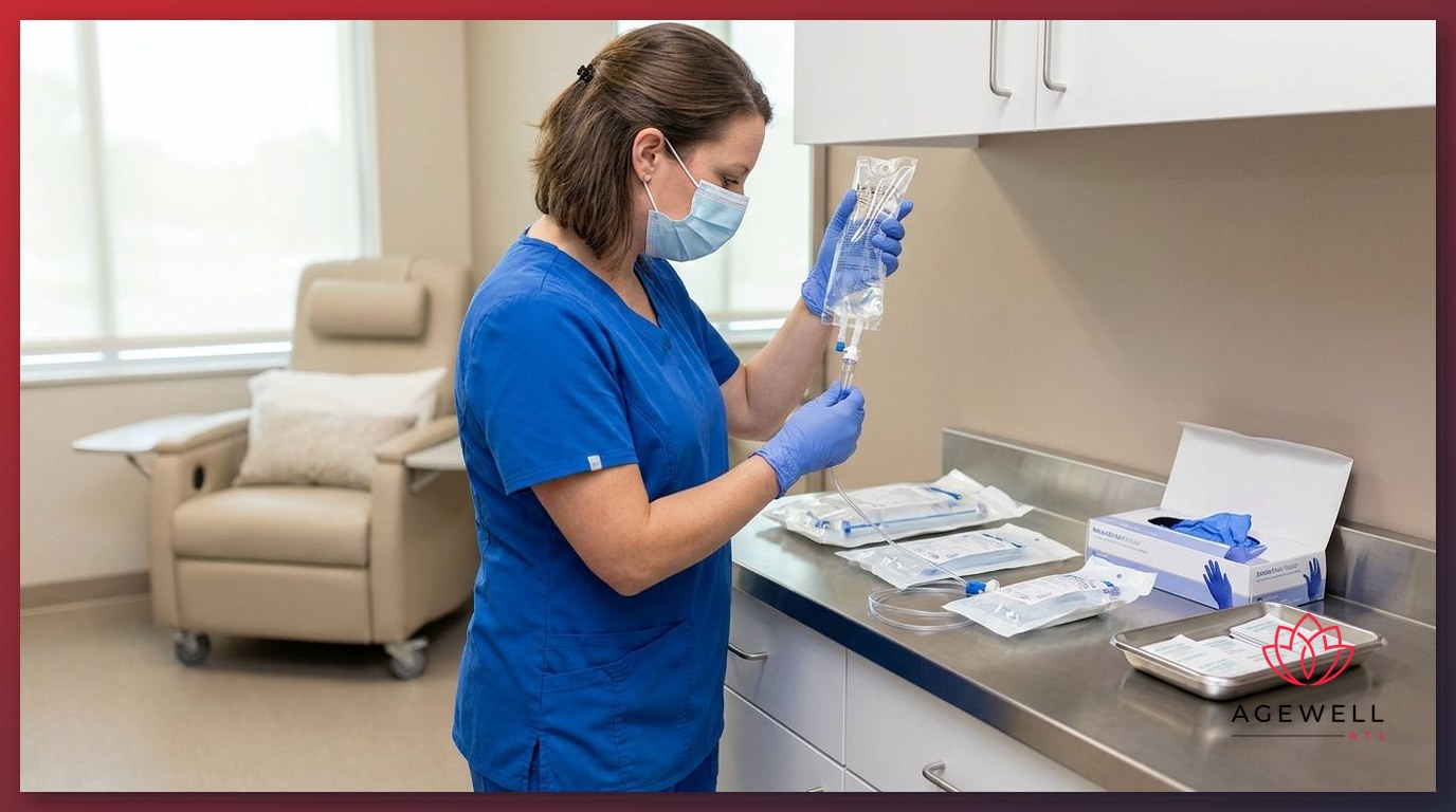 A nurse practitioner preparing an NAD+ IV infusion bag at a clinical workstation in a medical treatment suite.