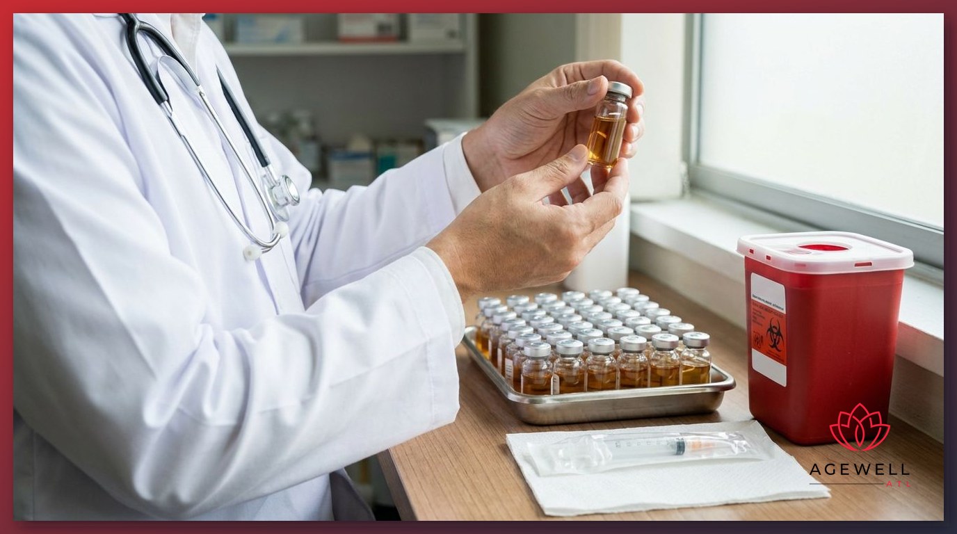 A physician inspecting a peptide therapy vial in a clinical dispensary with organized medical supplies on the counter.