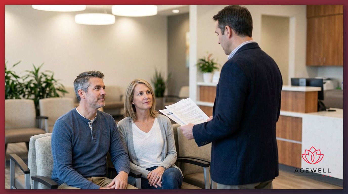 A physician reviewing hormone lab results with a male and female patient during a hormonal optimization consultation.