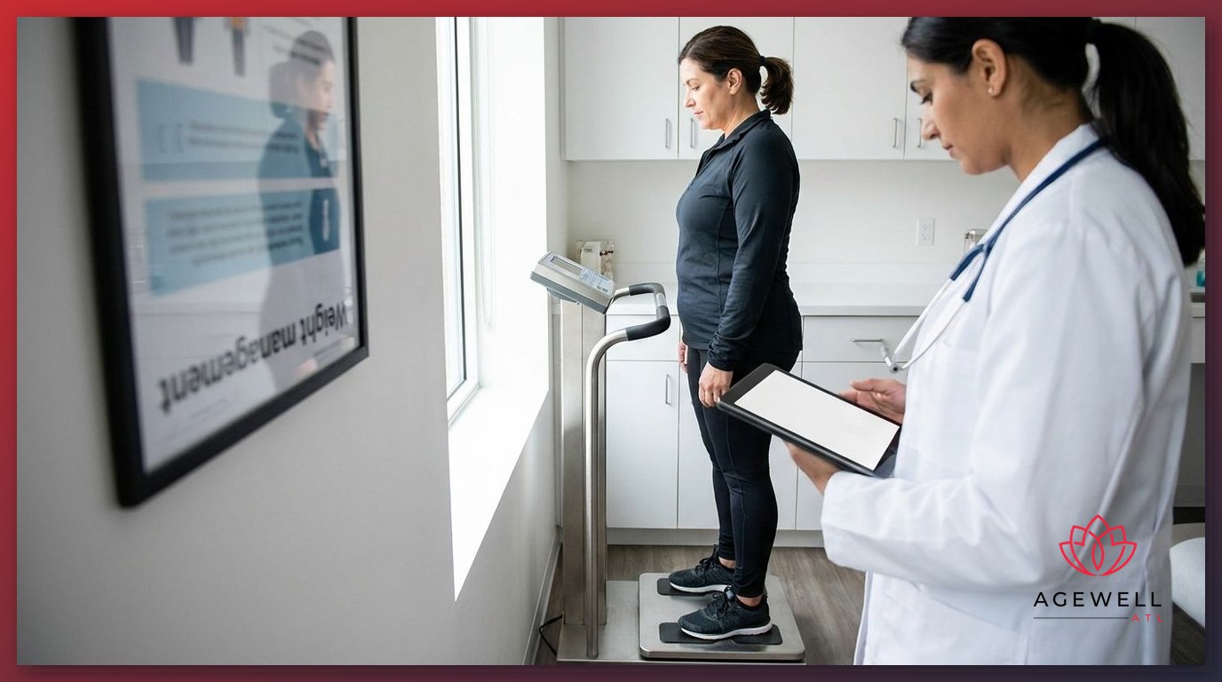 A physician monitoring a patient's body composition during a physician-supervised weight management appointment.