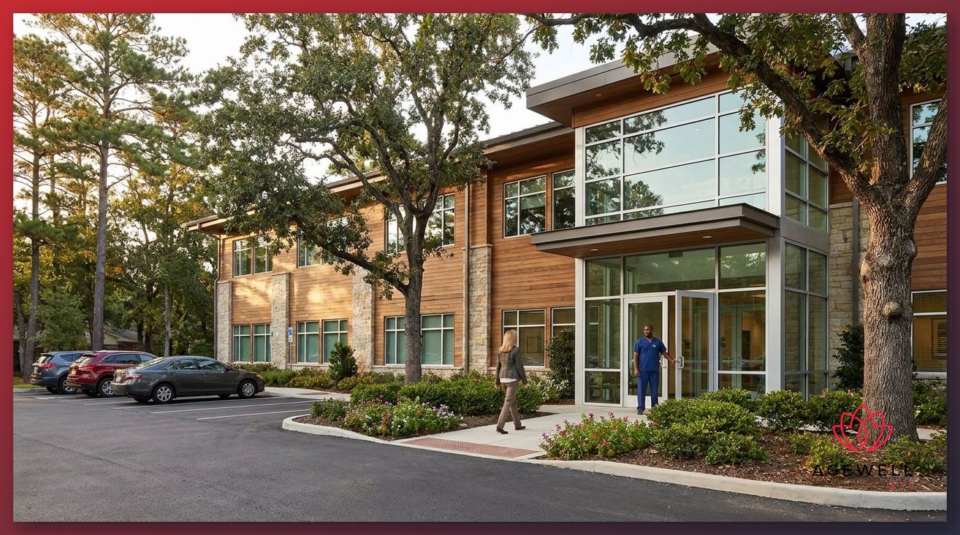 The exterior of a physician-supervised longevity medicine clinic in the Atlanta metro area with a patient arriving for an appointment.