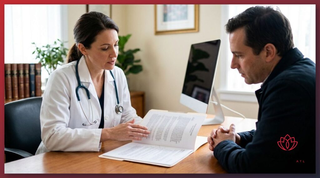 Physician and patient reviewing lab results together during a medical weight loss consultation at a clinic.
