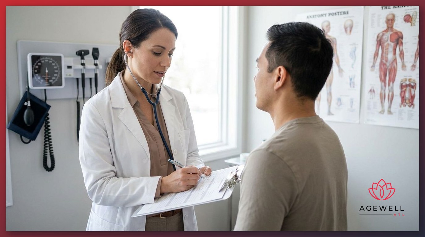 Physician conducting a formal patient evaluation in a private exam room during a supervised medical weight loss intake.