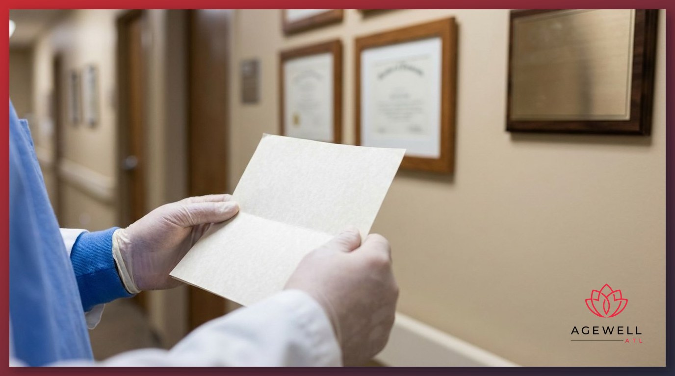 Physician standing beside framed medical credentials and board certification plaques mounted on a clinic wall.