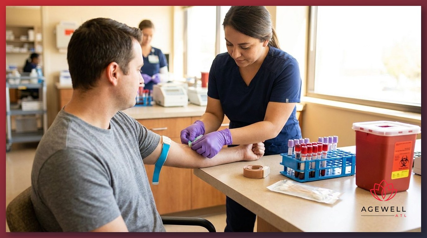 Phlebotomist drawing a blood sample from a patient's arm at a clinical laboratory station.
