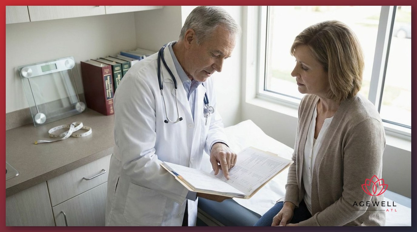 Physician and patient discussing an individualized treatment plan using body composition tools and lab charts in an exam