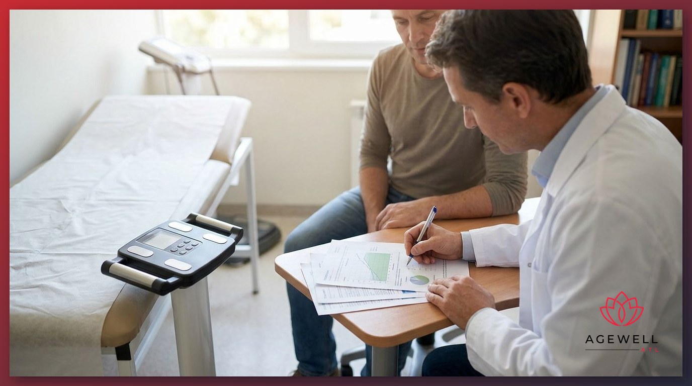 Physician reviewing a patient's metabolic progress chart during a scheduled follow-up visit at a weight loss clinic.