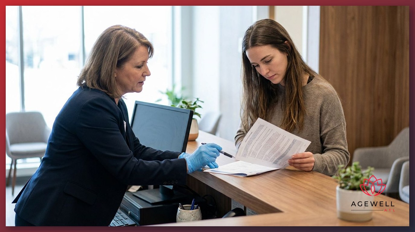 Clinic administrator presenting an itemized pricing estimate to a patient at a medical weight loss clinic reception desk.