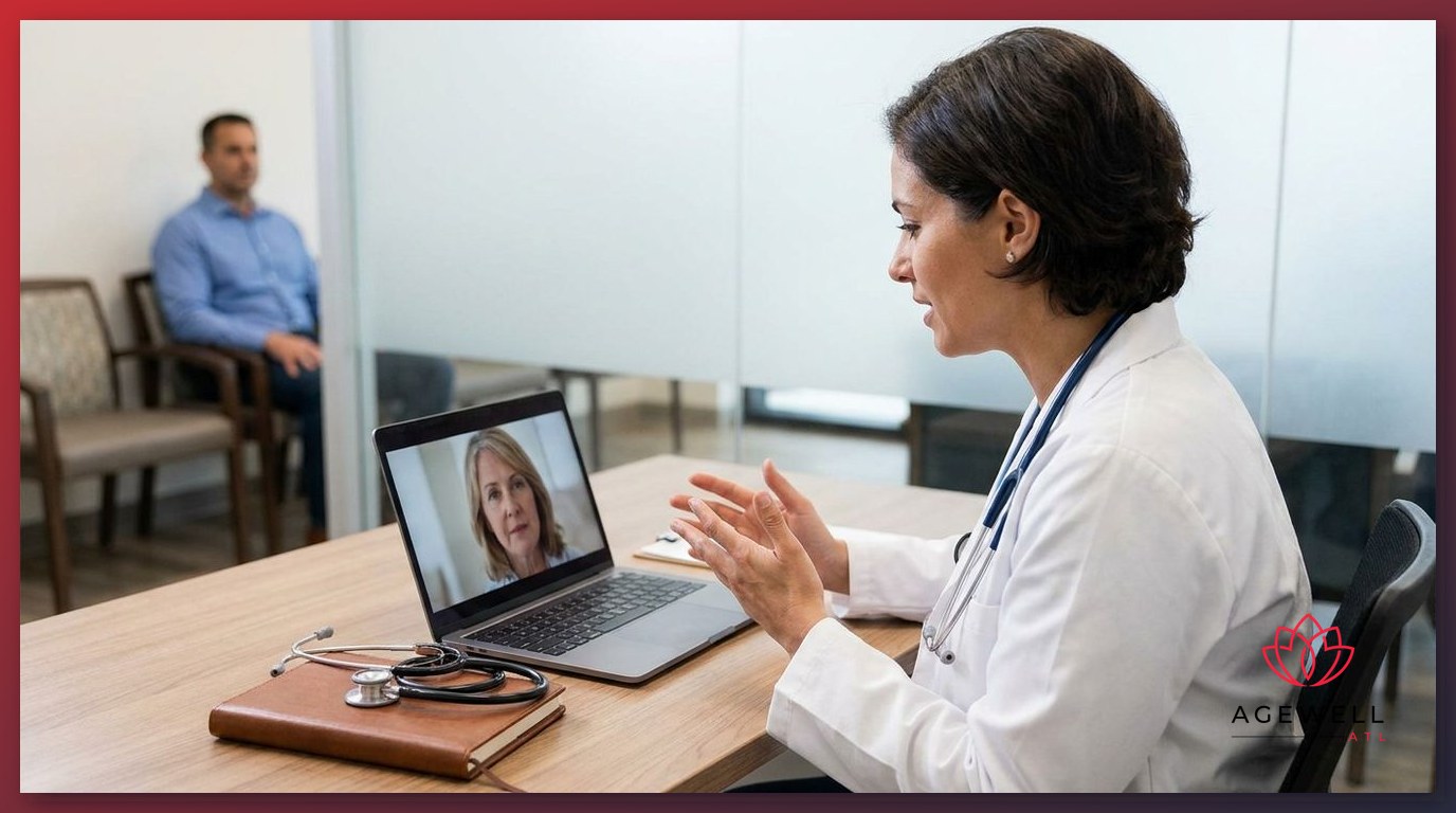 Physician conducting a telehealth video consultation with a remote patient from a medical office desk.