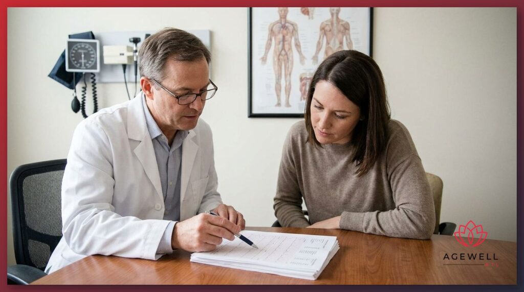 Physician reviewing hormone lab results with a patient over 35 during a medical weight management consultation.