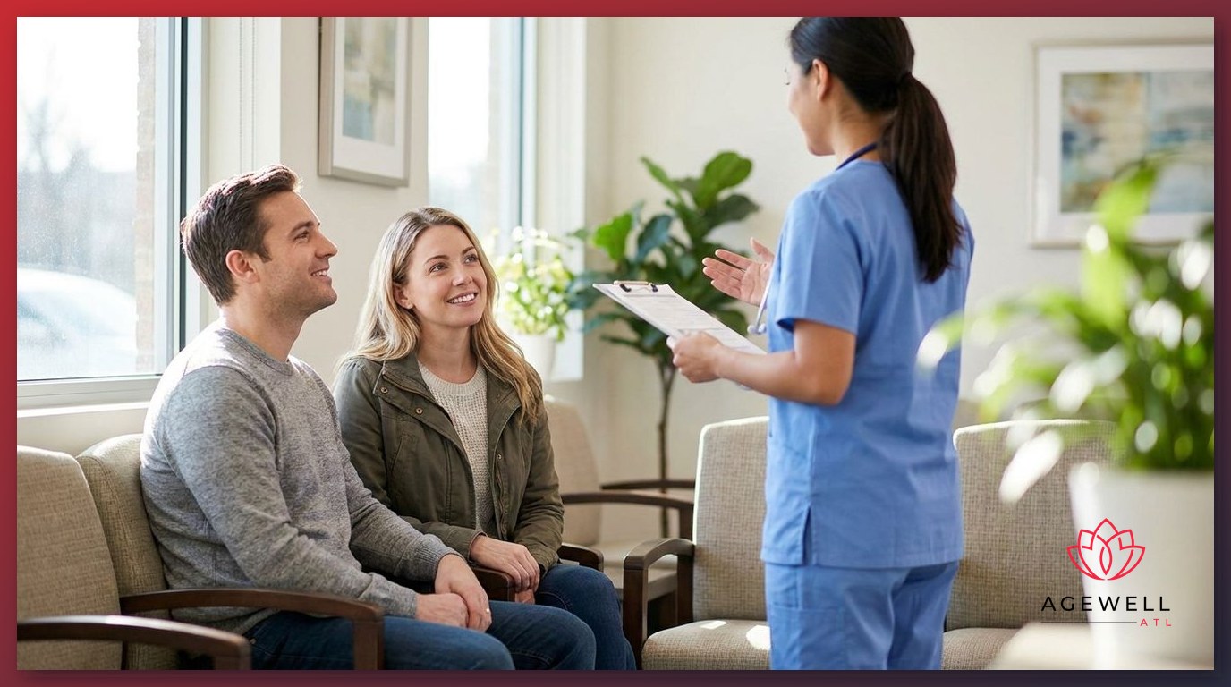Male and female patients over 35 meeting with a nurse before a hormone optimization evaluation at a medical clinic.