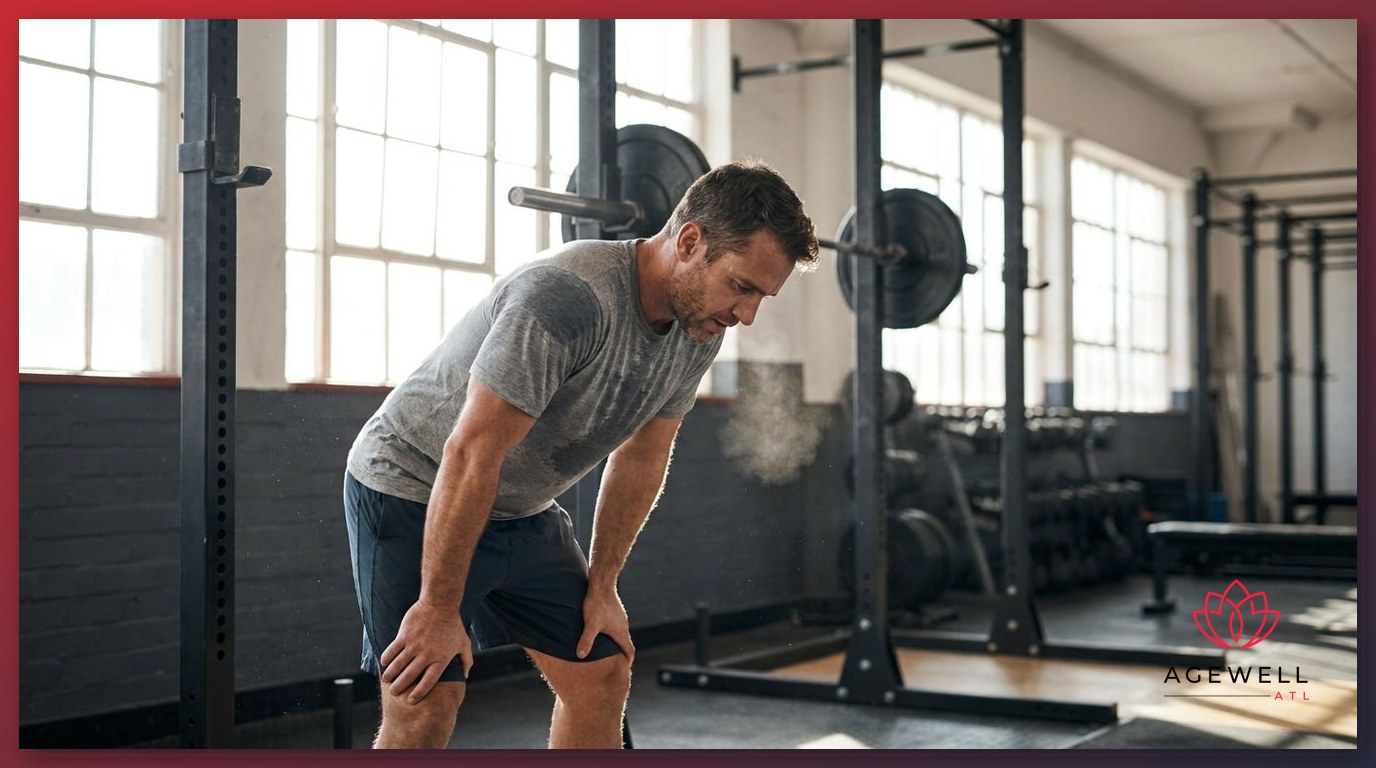 A fatigued man in his 40s pausing at a gym weight rack, reflecting the energy and muscle loss linked to testosterone decline.