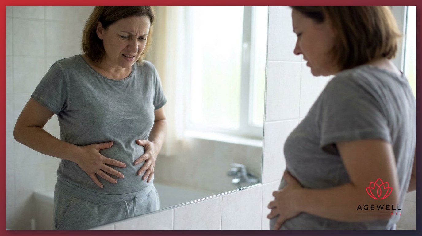 Middle-aged woman in a bathroom examining her midsection in a mirror, reflecting abdominal changes.