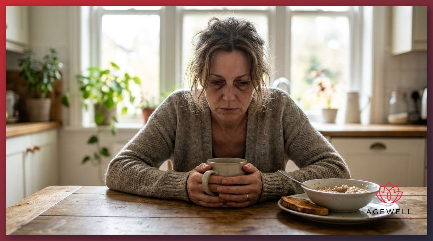 A fatigued middle-aged woman sitting at a kitchen table in the morning, illustrating the energy decline associated with DHEA