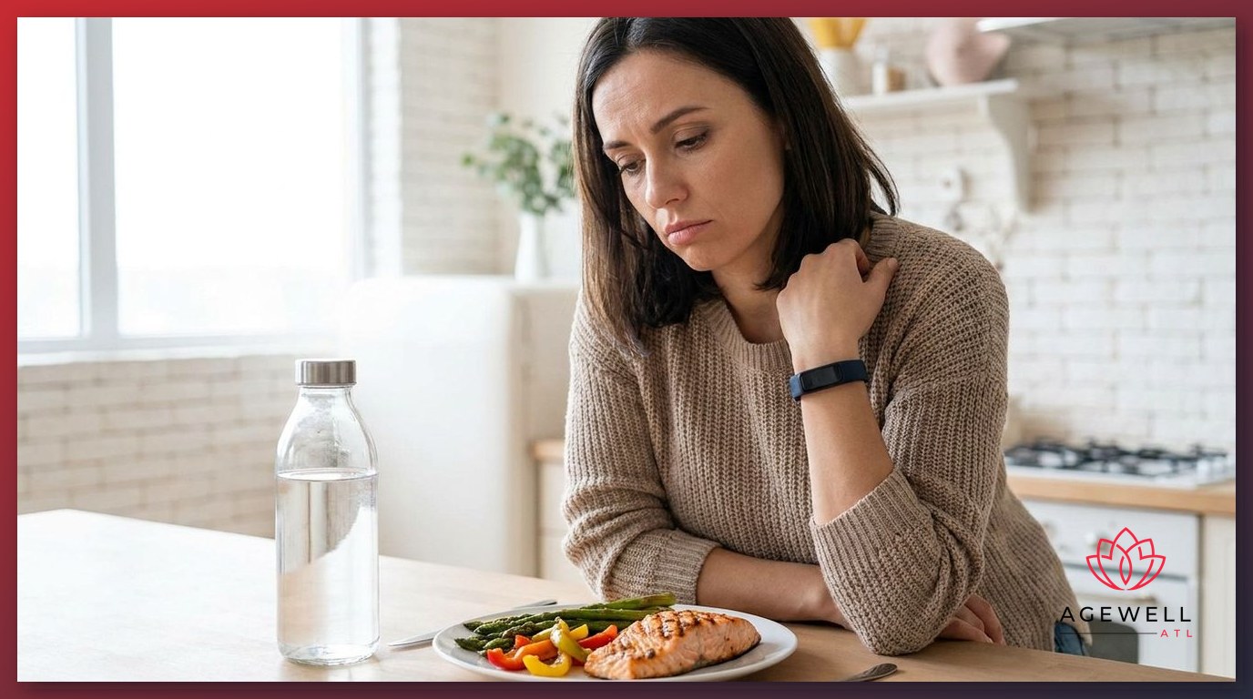 A frustrated middle-aged woman looking at a healthy meal she prepared, representing weight loss resistance caused by