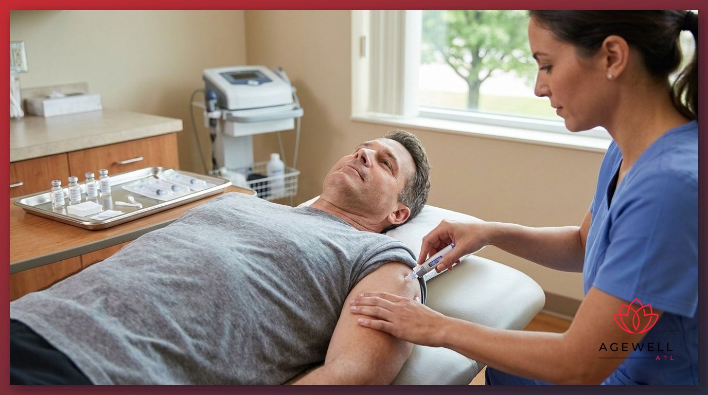 A clinician administering a peptide therapy injection to a man in his late 40s in a medical office setting.