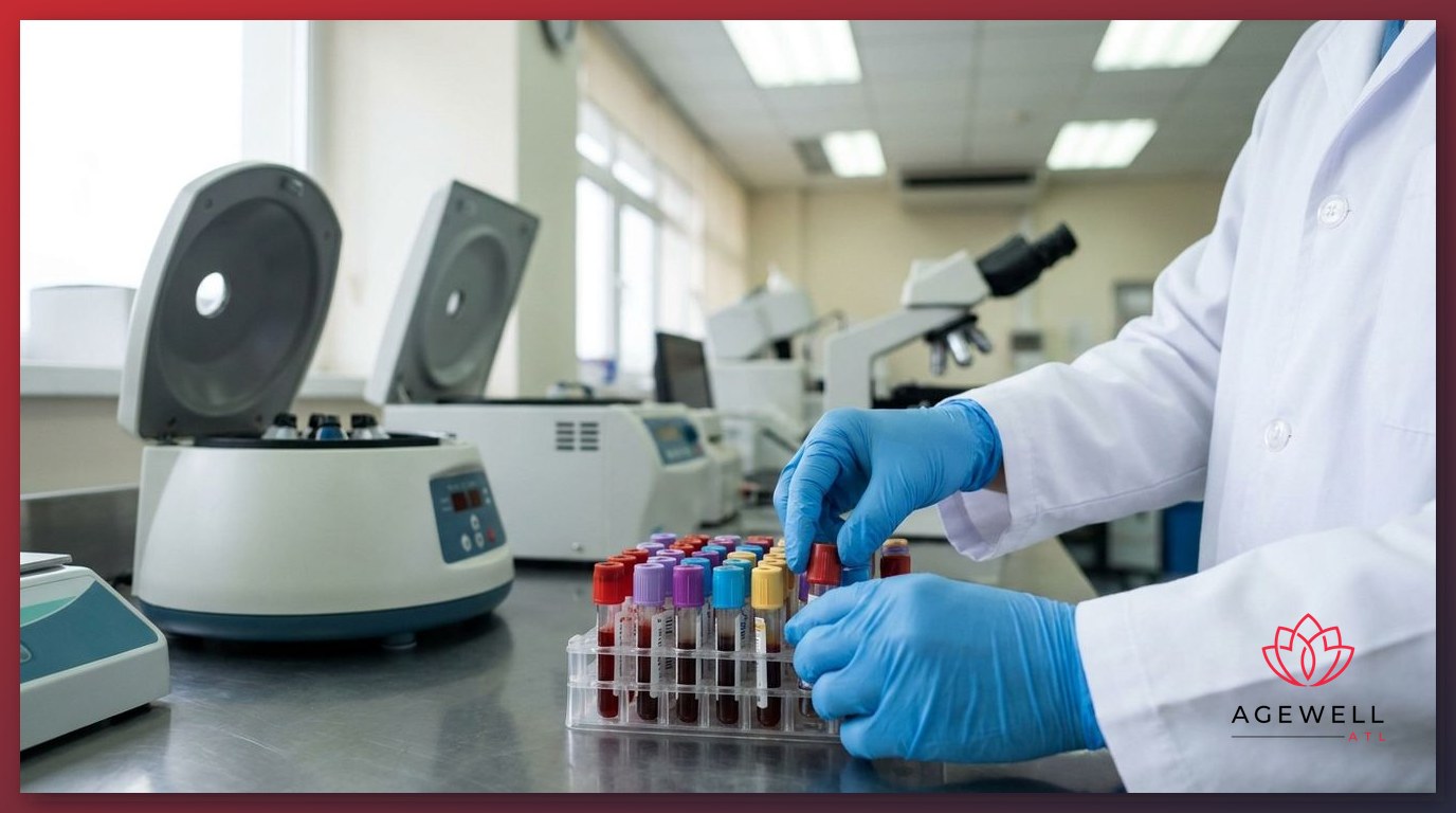 A lab technician organizing multiple blood sample vials for a comprehensive hormone panel analysis in a clinical laboratory.