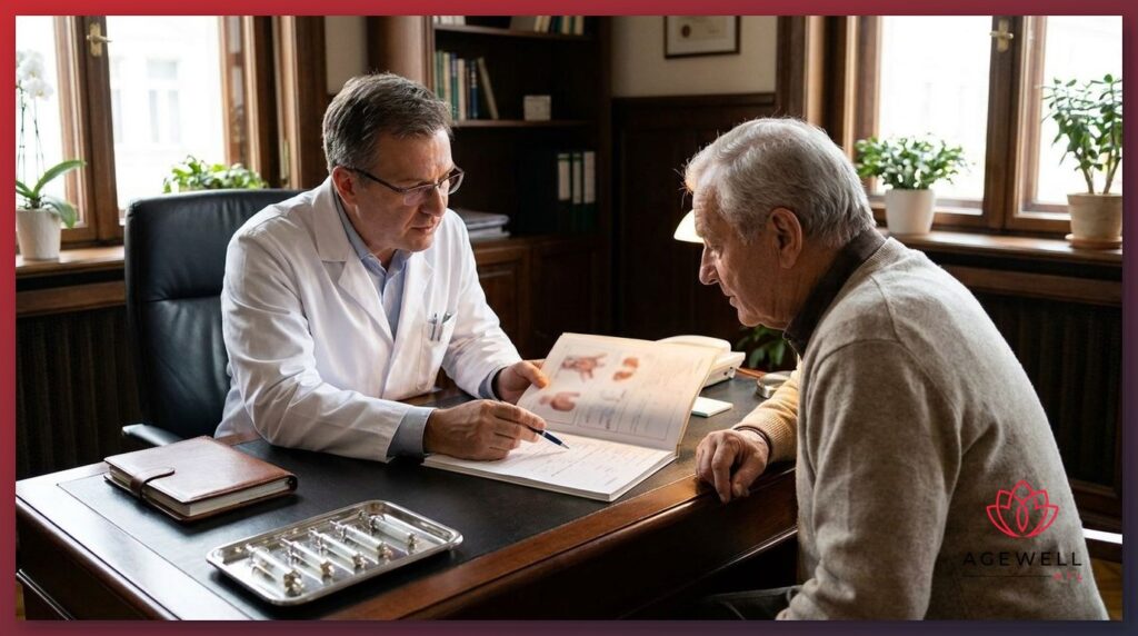 A physician consulting with a patient about a medical weight loss injection plan in a clinical office setting.