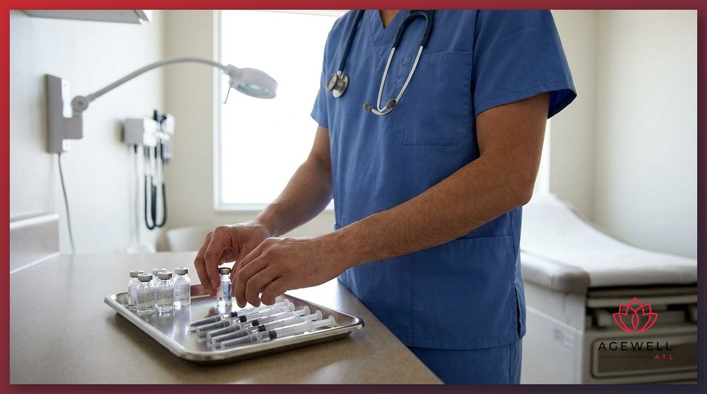 A physician in scrubs organizing vials and syringes on a sterile tray at a medical exam room counter.