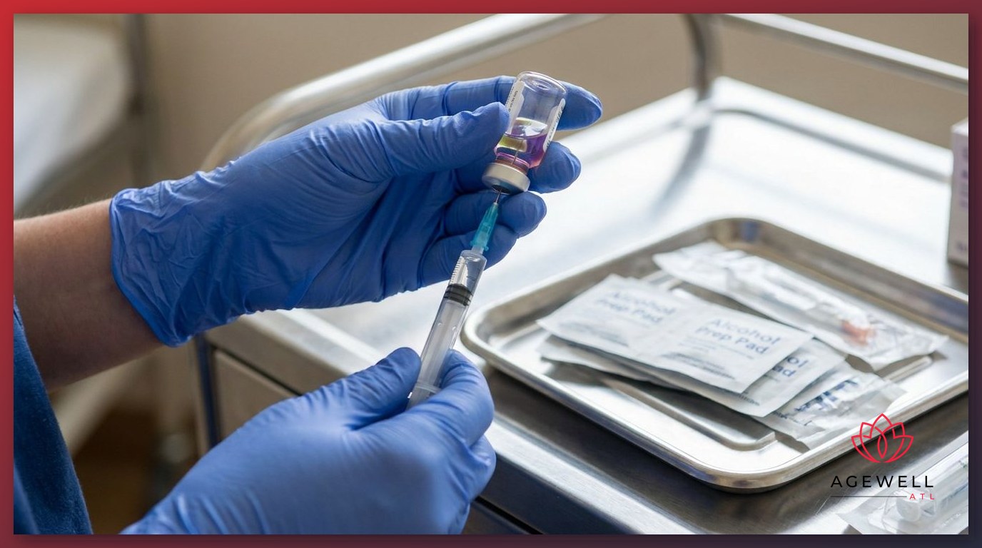 A physician's gloved hands drawing a GLP-1 weight loss medication from a vial into a syringe.