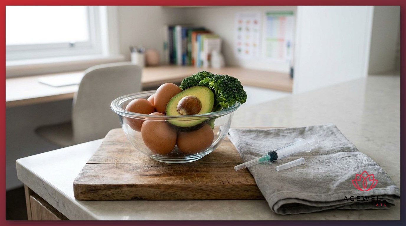 Lipotropic nutrient-rich foods alongside a medical syringe representing MIC and B12 injection adjunct therapy for weight loss.