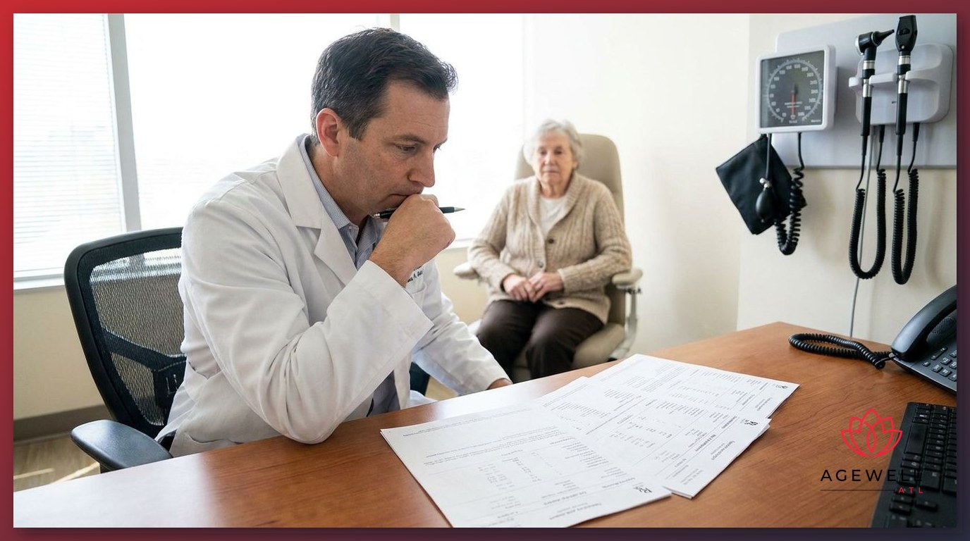 A physician reviewing a patient's lab results during a physician-supervised injectable weight loss monitoring visit.