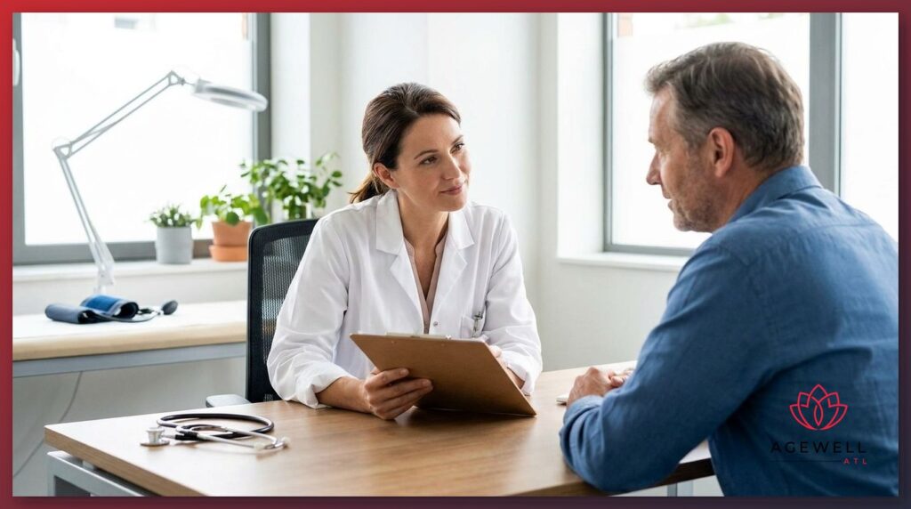 A physician consulting with a patient during a medical weight loss evaluation at a modern clinic.