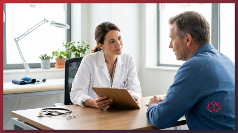 A physician consulting with a patient during a medical weight loss evaluation at a modern clinic.