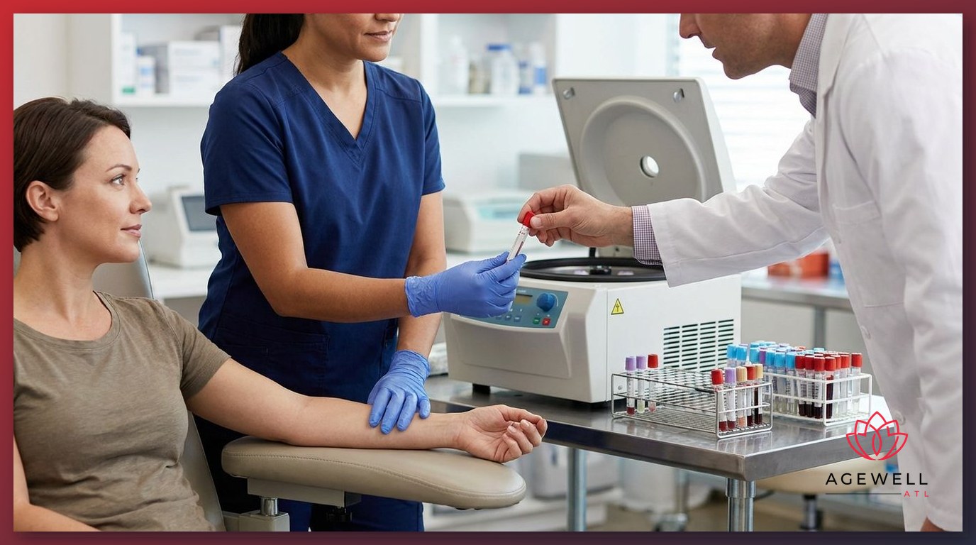 A phlebotomist preparing to draw blood from a seated patient while a physician assists in a clinical laboratory setting.