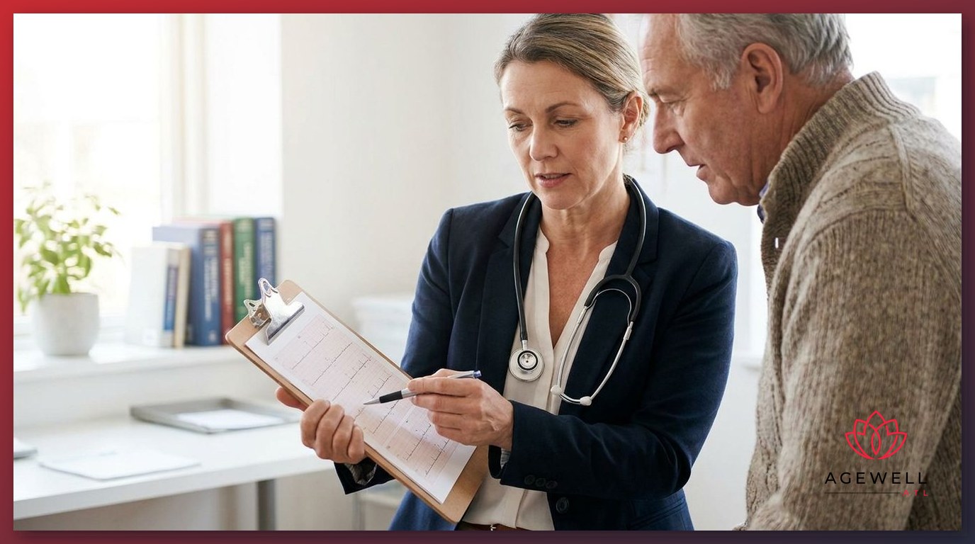 A physician reviewing a patient's weight loss progress chart and discussing a protocol adjustment during a follow-up appointment.