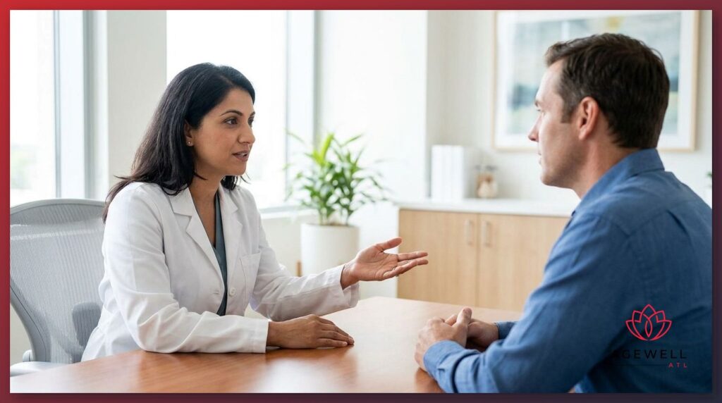 A physician consulting with a patient about Melanotan II peptide treatment at a medical weight loss clinic.