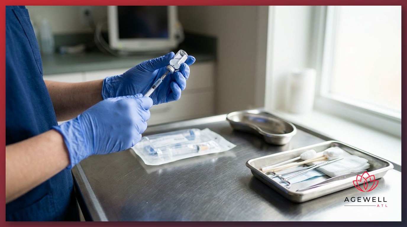 A clinician preparing a subcutaneous peptide injection with a syringe and glass vial at a medical prep counter.