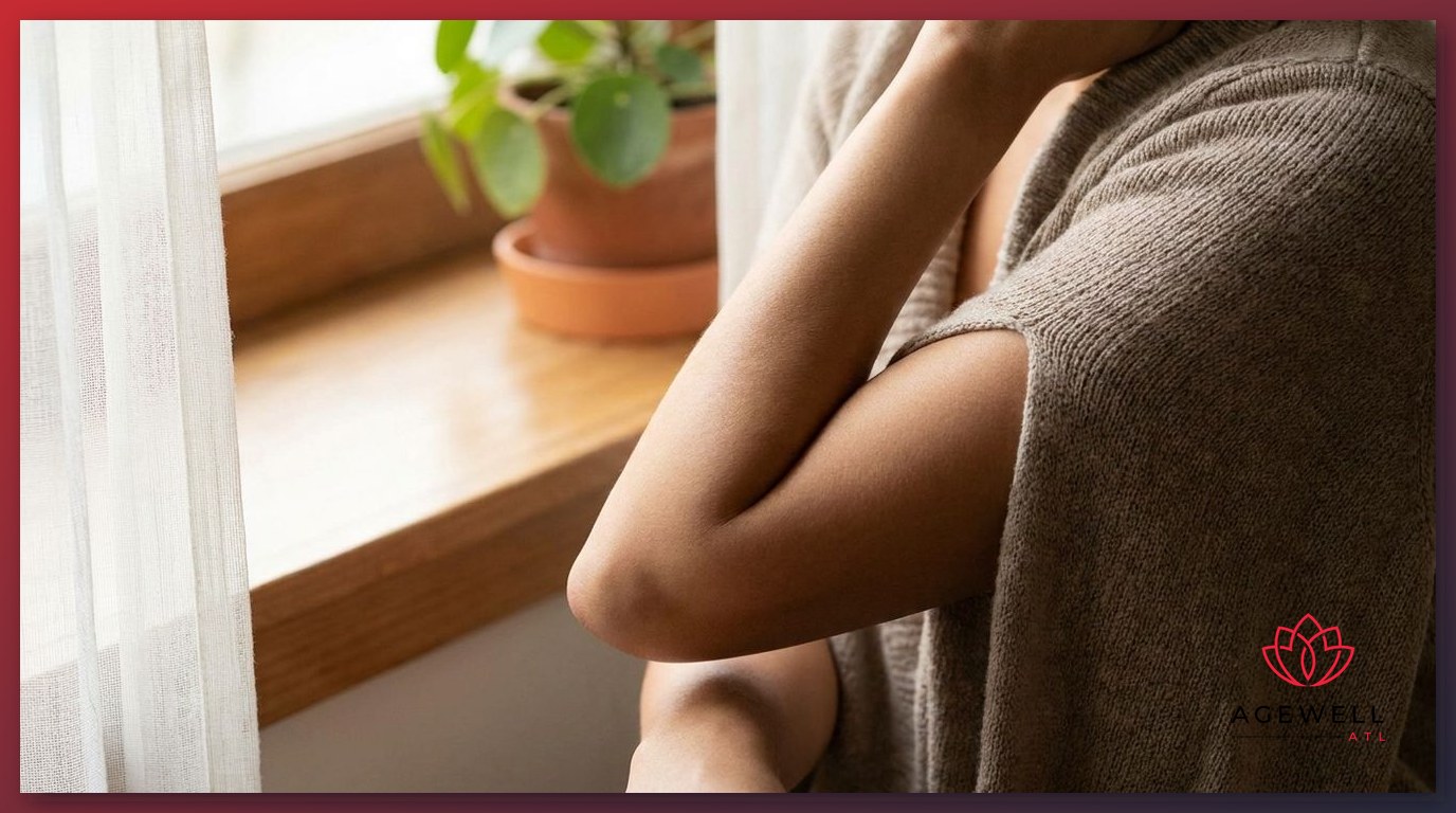 A person's arm resting in soft indoor light showing even, healthy skin pigmentation.