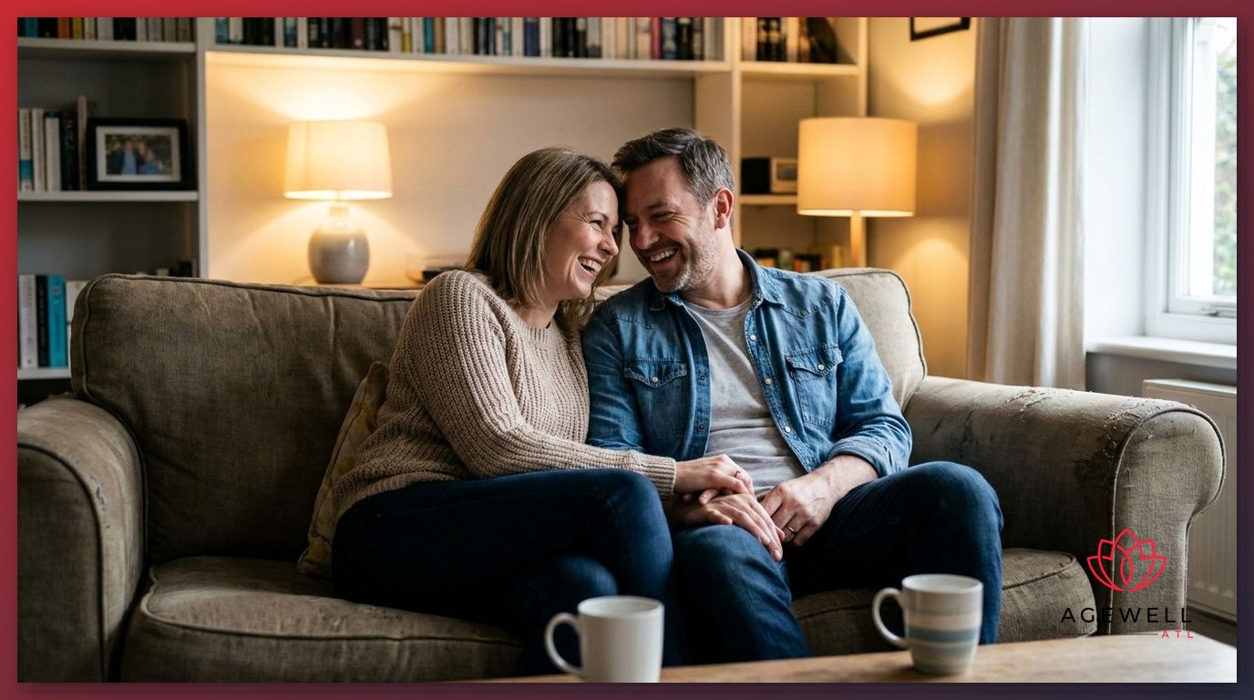 A couple sitting close together on a couch in a warmly lit living room, sharing a moment of connection.