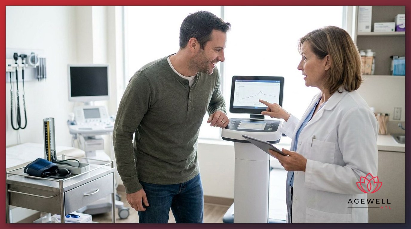 A physician and patient at a clinical weight management station discussing appetite and weight loss progress.