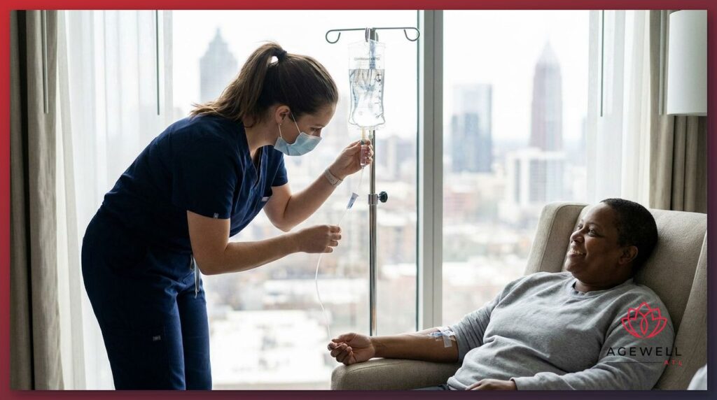 A licensed nurse administering mobile IV drip therapy to a patient in an Atlanta hotel room.