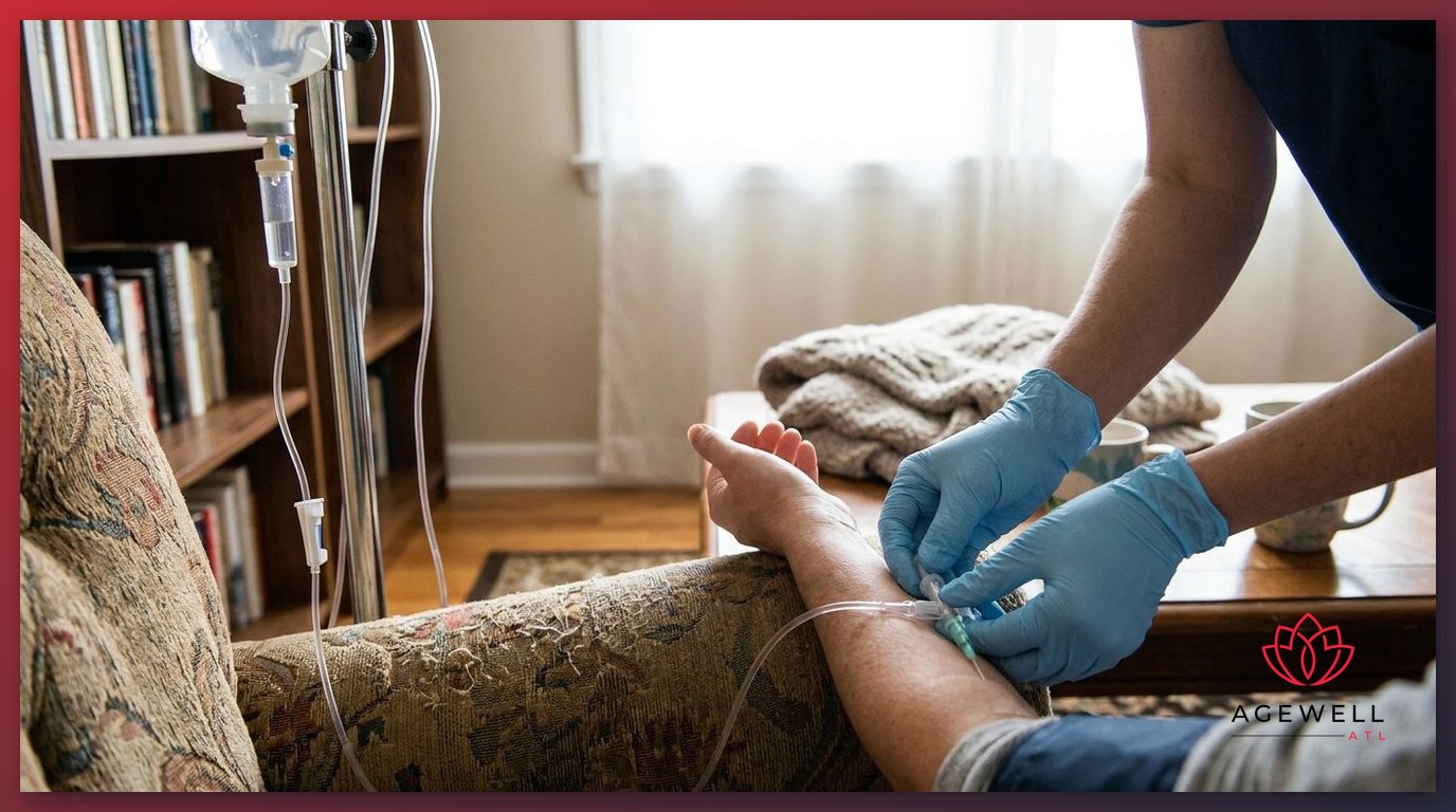 A nurse placing an IV catheter into a patient's forearm vein during an in-home infusion session.