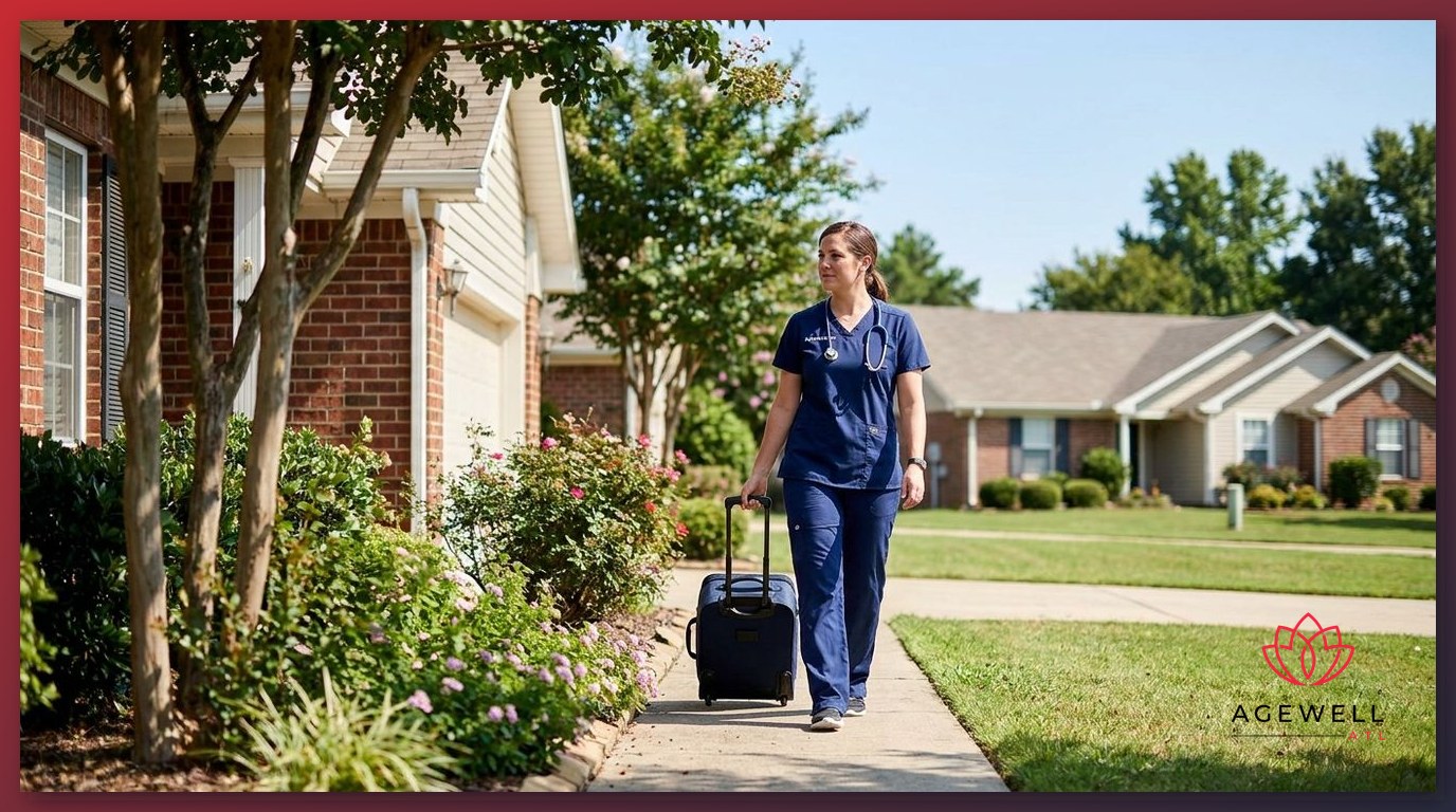 A licensed nurse arriving at a patient's home for a mobile IV therapy visit.
