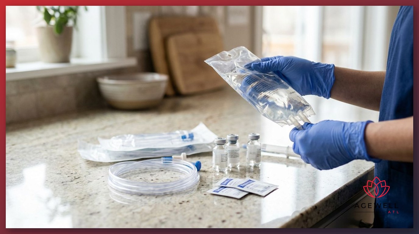 A nurse preparing IV infusion supplies on a home kitchen countertop.