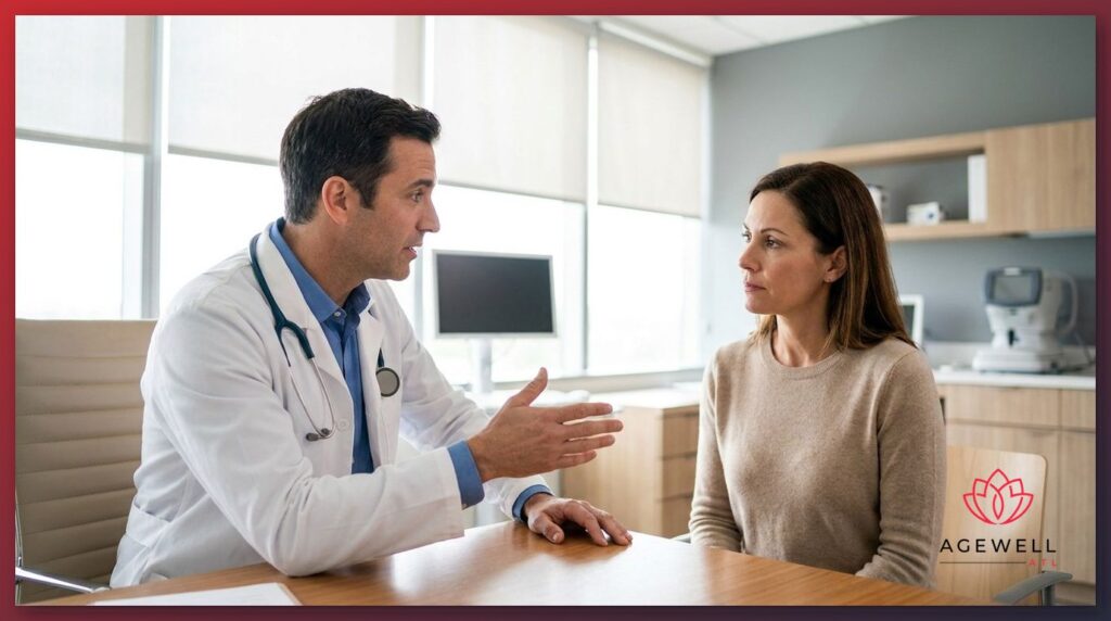 A physician consulting with an adult patient about NAD+ injection therapy at a medical weight loss clinic.