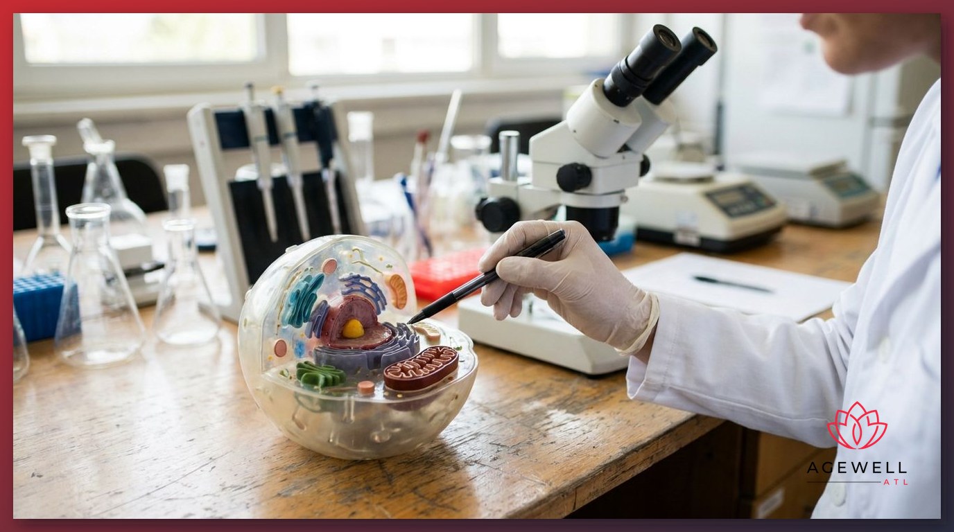 A researcher pointing to the mitochondria on a cellular biology model in a laboratory setting.