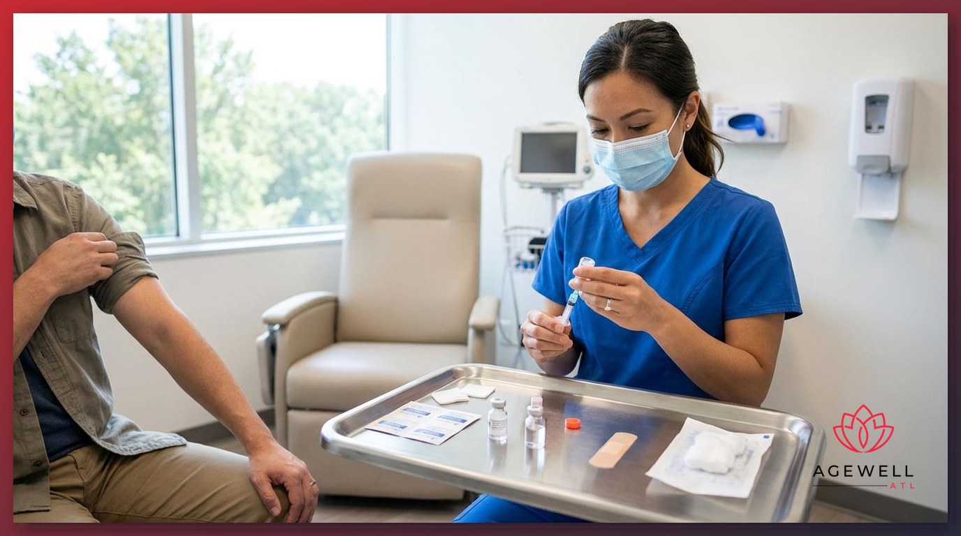 A clinician preparing a subcutaneous injection for a patient in an outpatient medical clinic.