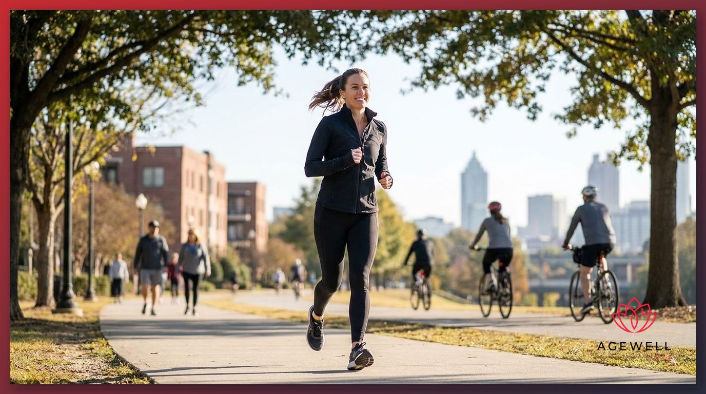 An energetic adult woman jogging along a tree-lined path in an urban Atlanta neighborhood.