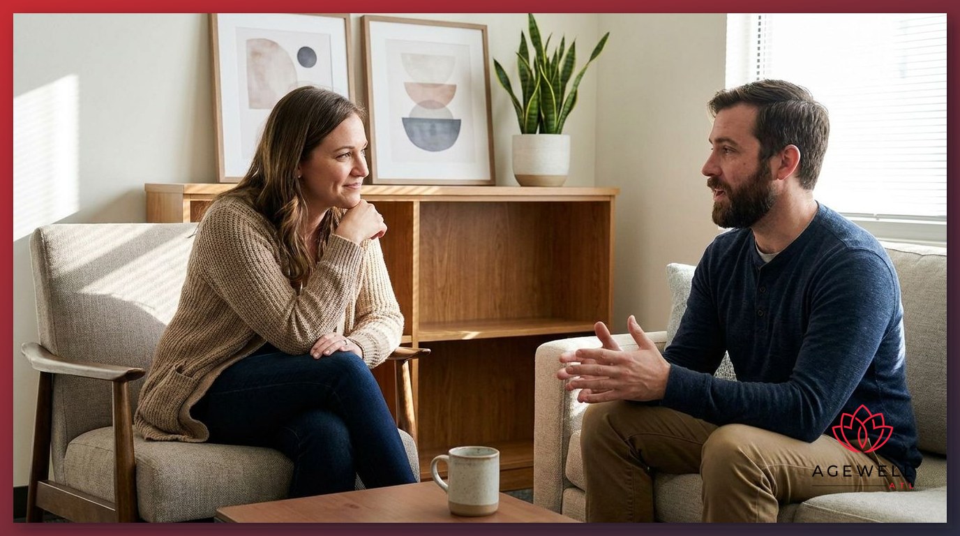 A counselor and patient engaged in a supportive one-on-one session in a behavioral health therapy office.
