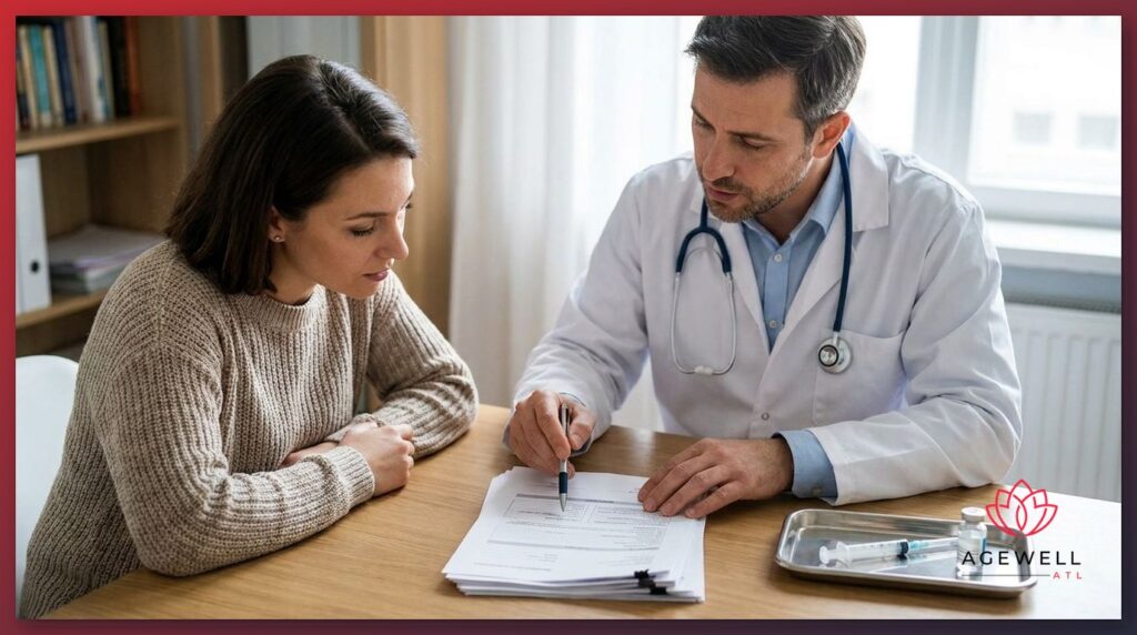 A physician reviewing lab results with a patient during a peptide therapy consultation at a medical weight loss clinic.