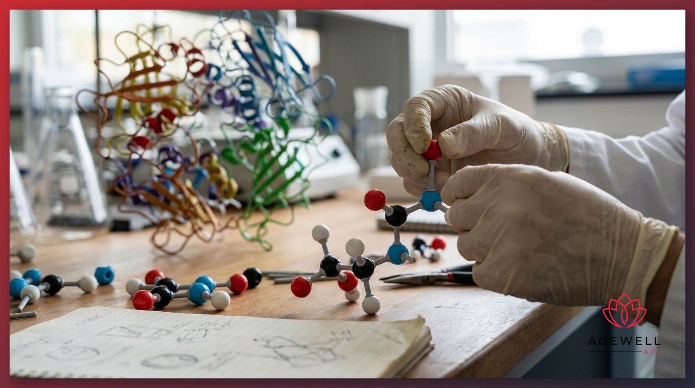 A researcher assembling a short amino acid chain model on a laboratory bench to illustrate peptide structure.