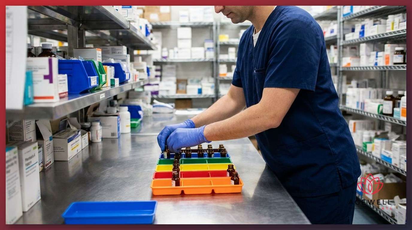A medical professional in scrubs organizing opaque vials into color-coded trays at a clinical pharmacy counter.